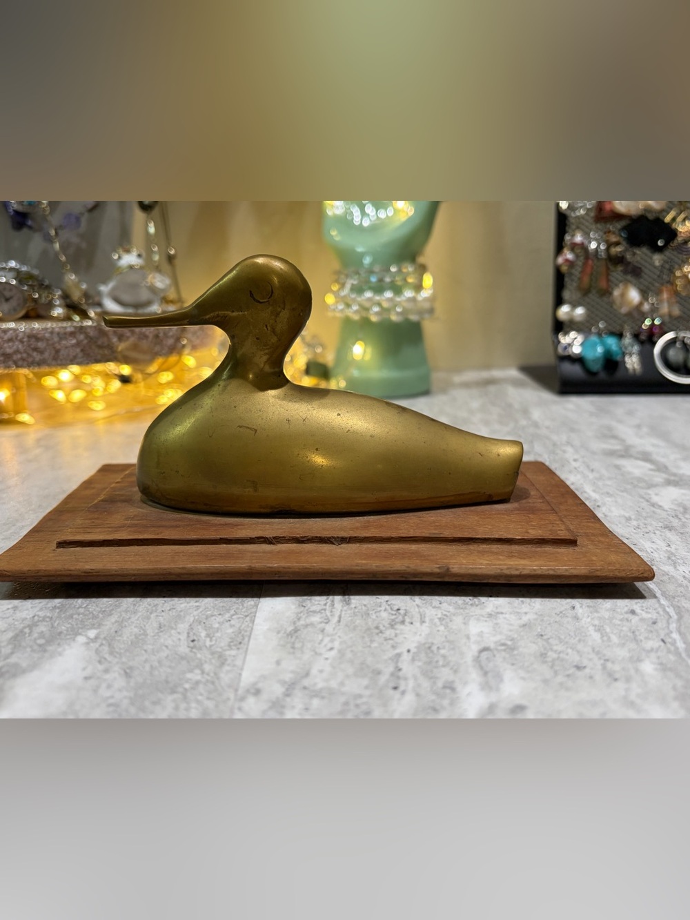 Vintage Brass Duck Figure On Wood Base Decor MCM Mid Century